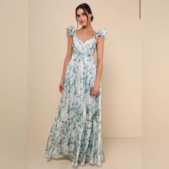 Lulus Soiree Perfection Light Blue Floral Ruffled Tiered Maxi Dress small - Picture 2 of 4